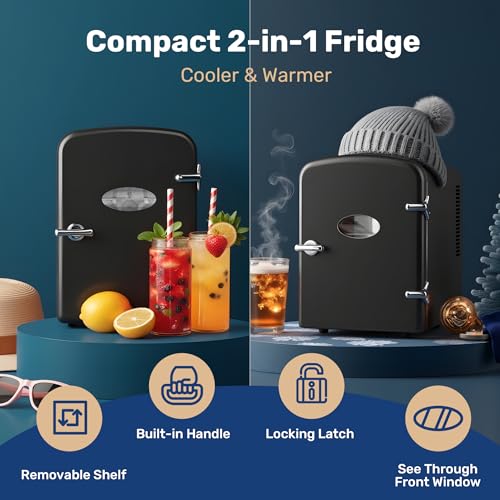 Image of HealSmart 6L Mini Fridge with Observation Window, 9 Can Capacity, Freon-Free and Portable Cooler and Warmer, Cosmetics /Food /Beverage, Black New