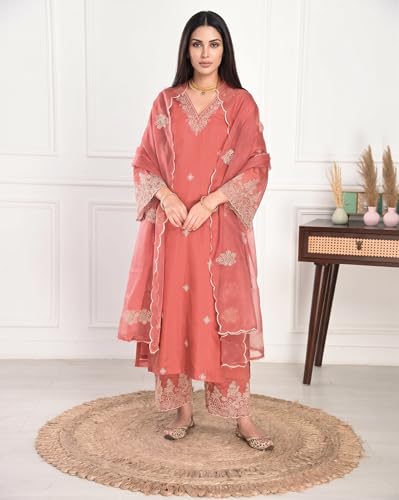 Image of Royal Export Women's Kurta Set | Viscose Silk Floral Embroidered Straight Kurta Pant Dupatta Set Kurta Sets for Women | Ladies Kurta Set (RX60-P)