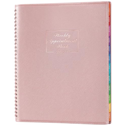 MaaIbok Appointment Book 2026-2027 for School Office Home Faux Leather Tab 15-Minute Spiral Bound Hourly Planner Appointment Scheduling Book with Tabs - Rose Gold 8.5 x 11