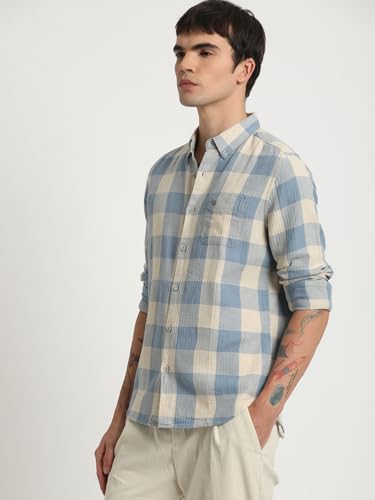 Image of THE BEAR HOUSE Men Blue Checked Slim Fit Cotton Linen Casual Shirt