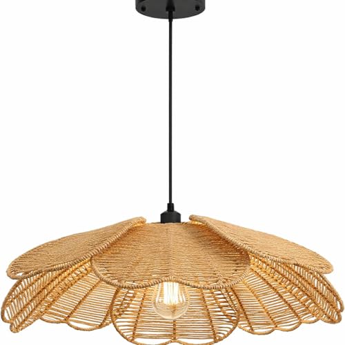 Image of Artica Farmhouse Rattan Chandelier - 1-Light Hand-Woven Wicker Pendant Light Fixture, Boho Hanging Ceiling Lamp for Dining Room, Kitchen Island, Bedroom & Living Room (Type 2)