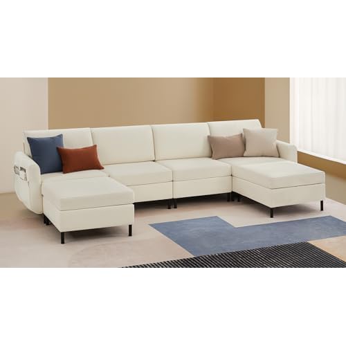 SONGMICS HOME Modular Sectional Sofa, Convertible 6-Seat U-Shaped Couch with Ottoman, Deep Seat, Sectional Couches for Living Room, Cream White ULCS064W01 6 Seat Cream White