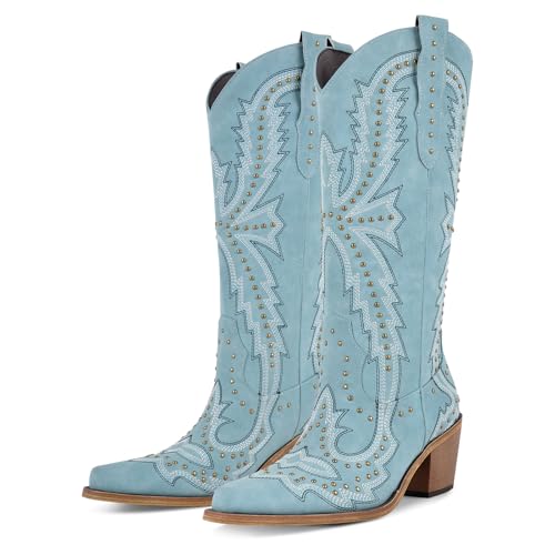 Richealnana Women's Cowgirl Round Roe Short Boots Embroidered Boots Chunky Heels