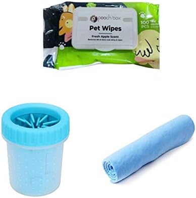 Pooch Box Dog Combo Pack Bath Towel, Wet Pet Wipes & Pet Foot Washing Cup Paw Cleaner Portable with Soft Silicone Bristles (Towel - Paw Cleaner (Small) - Wipes)