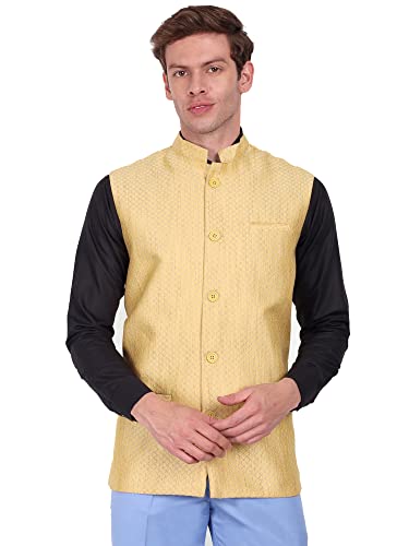 SKAVIJ Men's Indian Dupion Silk Weaving Design Sleeve Less Nehru Jacket Waistcoat Beige_S