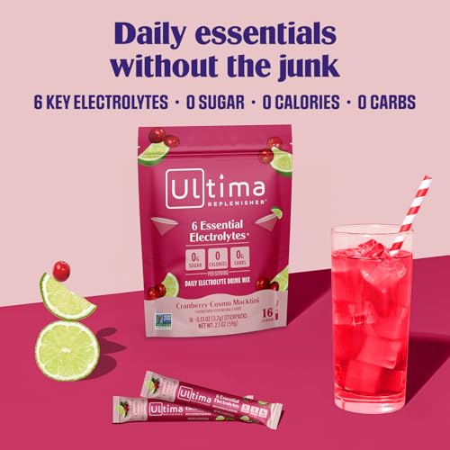 Image of Ultima Replenisher Daily Electrolyte Powder - Cranberry Cosmo, 16 Stickpacks - Zero Sugar Hydration Packets with 6 Key Electrolytes and Trace Minerals - Sugar Free & Keto Friendly Drink Mix