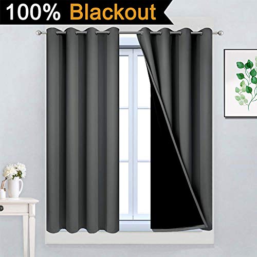 Image of Yakamok Dark Grey 100% Blackout Curtains 45 Inches Long 52 inch Wide 2 Panels | Blackout Curtain Panels for Bedroom, 2 Thick Layers Grommet Top Thermal Insulated Drapes with Black Liner for Living Room