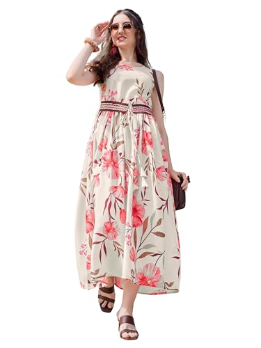 Image of EthnicJunction Women's Silk Blend Anarkali Floral Print Sleeveless Kurta with Attached Blet