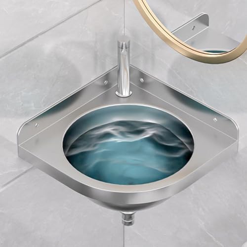 Wall-Mounted Corner Basin Sink, Triangular Stainless Steel Vanity, Space-Saving Floating Wash Basin for Small Bathrooms, Outdoor, Indoor, Garage Use,