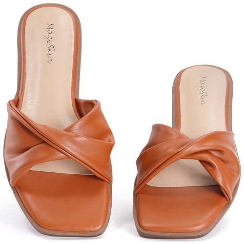 mazeskin Women's Dressy Slide Sandals Square Toe Comfortable Memory Foam Leather Summer Flat Sandals Cognac US9