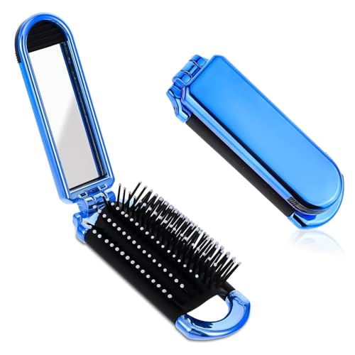 Folding Brush with Mirror for Women, Girls - Mini Hair Brush for Purse, Small Pocket with Soft Nylon Bristles and Mirror for Travel