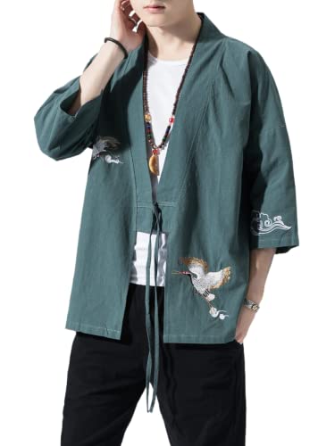 Image of Men's Japanese Kimono Cardigan Loose Cotton Linen 3 /4 Sleeve Open Front Casual Summer Shirt Jackets