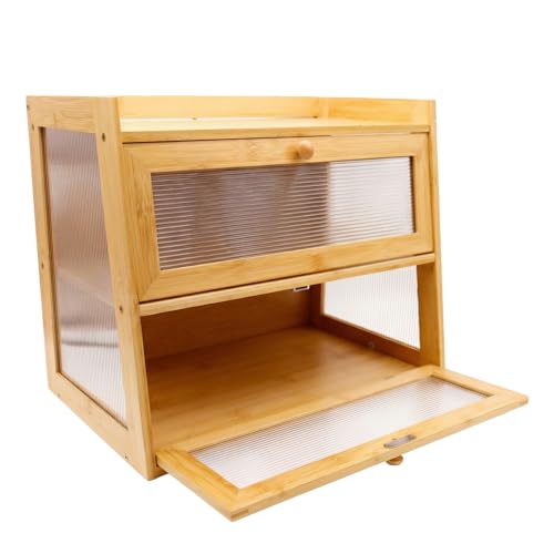 Maison Des Cadeaux Large 2-Tier Fluted Panel Bamboo Bread Bin Cabinet - Innovative Countertop Storage Solution