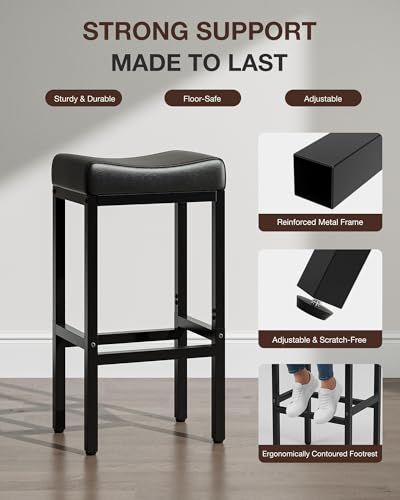 Image of Bar Stools Set of 3-24 Inch Counter Height Chairs for Kitchen Island, Leather Seat with 400 LBS Heavy-Duty Metal Frame and Adjustable Feet, Easy to Assemble for Bar, Cafe or Dining Room,Black