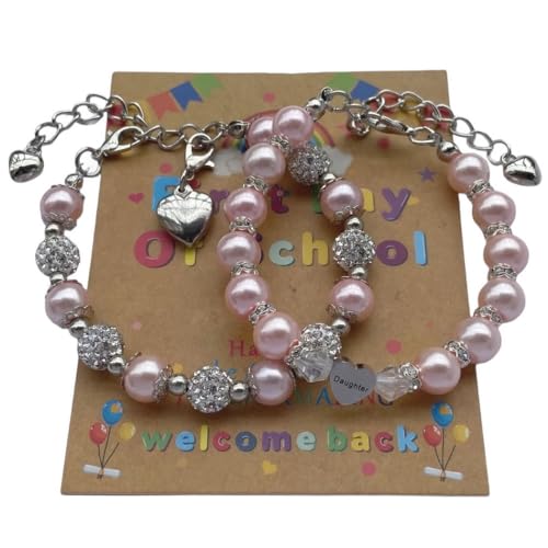 Image of DOLON 2 Pcs Imitation Pink Pearls Crystal Beads Heart Charm Bracelets Gift for Granddaughter,Sister,Daughter with Graduation Birthday Christmas First Day Wish Card