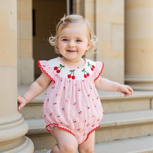 Newborn Smocked Baby Girl Bubble Romper Sleeveless Ruffle Linen Bodysuit Infant Cherry Fruit Summer Outfit2