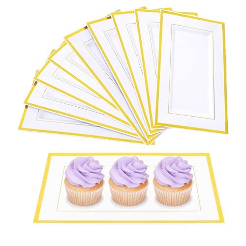NAMYEUT Lot de 10 Plateaux de Service Rectangulaires en Plastique Avec bord doré, 33 x 20 x 1,5 cm, Réutilisables, blanc, Presentoir Aperitif Buffet, Fruits, à Gâteaux Snacks, Biscuits