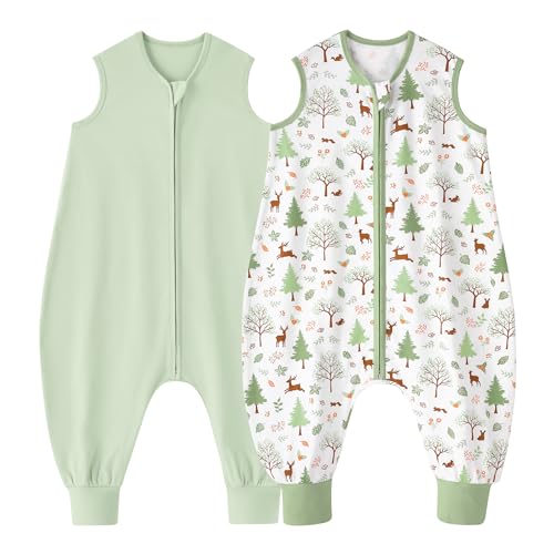 Looxii Pack de 2 Saco de Dormir bebé con Pies 0.5 TOG Algodón sacos de dormir de verano para 18-36 Meses Niños Niñas 80 cm Bosque Verde