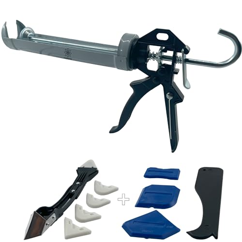 KARBXON – KBX73 – Heavy Duty - 360 Swivel Barrel Caulking Gun – 26:1 Thrust Ratio – Quick Release Trigger – Dripless Application - 10 oz Professional Manual Caulk Gun – (9) Piece Tool Kit