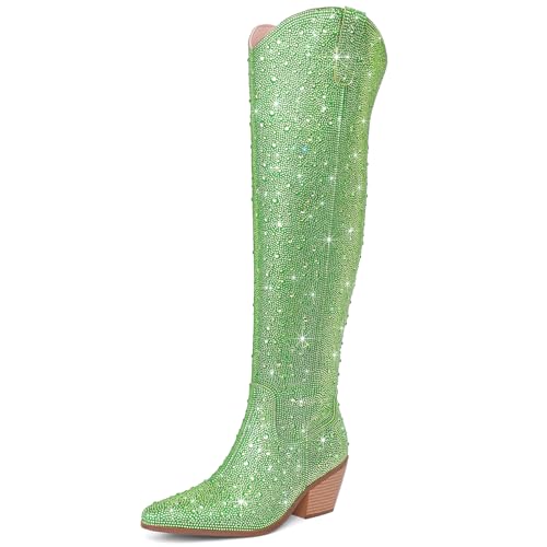 Image of Women Rhinestone Over the Knee Cowboy Boots, Sparkly Bling Cowgirl Boots Western Thigh High Boots Pull-On Side Zippers Chunky Heel Pointed Toe For Concerts, Music Festivals, Parties & Night Out