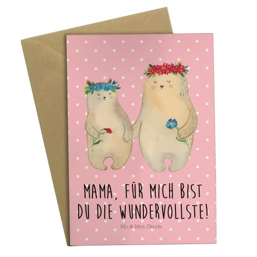 Mr. & Mrs. Panda bröllopskort, inbjudningskort, gratulationskort björnar med blomkrans med text – färg röd pastell