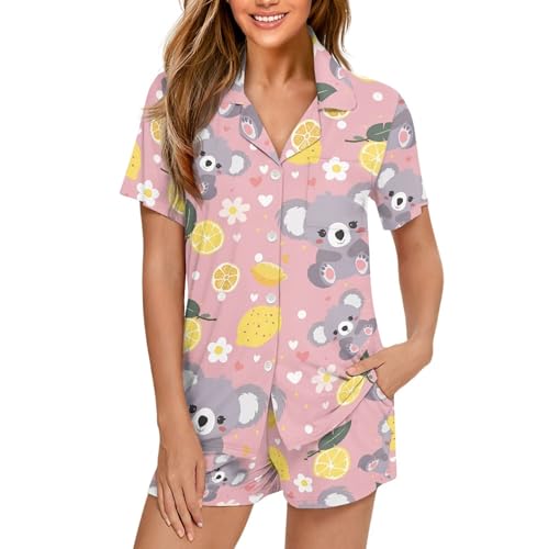 Image of Pjs Womens Short Sleeve Button Down Pajamas Set Two-Piece Nightwear with Pockets