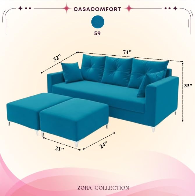 Image of Zora 5 Seater L Shape Sofa Set with 2 Movable Ottomans | Flexible Layout | Rich Velvet Suede Fabric | Silver Legs | Spacious Seating | Modern Sofa for Living Room (Aqua Blue)