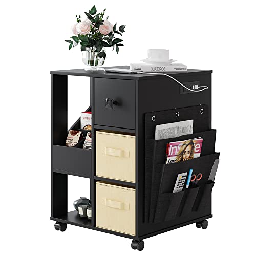 HNEBC LED Nightstand with Charging Station,Smart Bedside Table with Motion Sensor Lights,3 Drawers,Tempered Glass Top,High Gloss End Table with 3 Color Lights for Bedroom, Living Room,Office