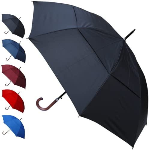 Collar And Cuffs London - Windproof Extra Strong - Stormdefender City Umbrella - Vented Double Canopy - Auto - Reinforced Frame With Fiberglass - Solid Wood Hook Handle - Black #TOP10
