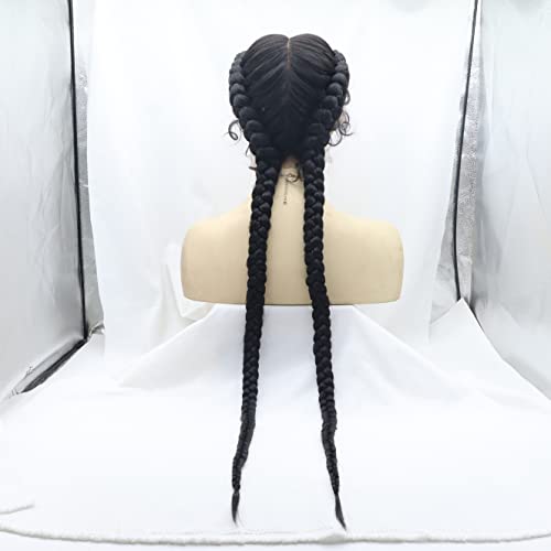 xiweiya Extra Long 1B# Black Braided Wig 100% Hand Made Twisted Braid Wig 360 Swiss Lace Front Wig Black Dutch Braids with Baby Hairs Cornrow Wig Afro Wig for Women 36 inch - Image 3