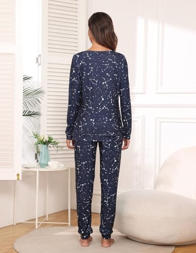 Image of Ekouaer 2 Pack Pajama Sets for Women,Long Sleeve Top With Jogger Pants Lounge Set Sleepwear with Pockets
