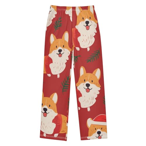 Christmas Corgi Pine Branches Boys Long Pants Soft Trousers Elastic Waist Kids Lounge Bottoms with Pockets S-XL