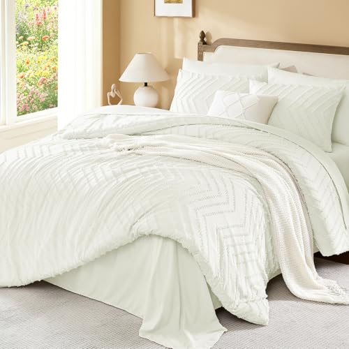 Image of Litanika Ivory Queen Size Comforter Set with Sheets - 7 Pieces Bed in a Bag Queen Boho Tufted Complete Bedding Sets with Comforter, Sheets, Pillowcases & Shams