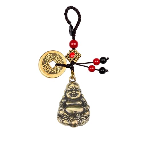 Mansiyuyee Porte-clés statue de Bouddha heureux en laiton avec cinq pièces Feng Shui, Bouddha rieur porte-clés porte-bonheur pompon, cuivré