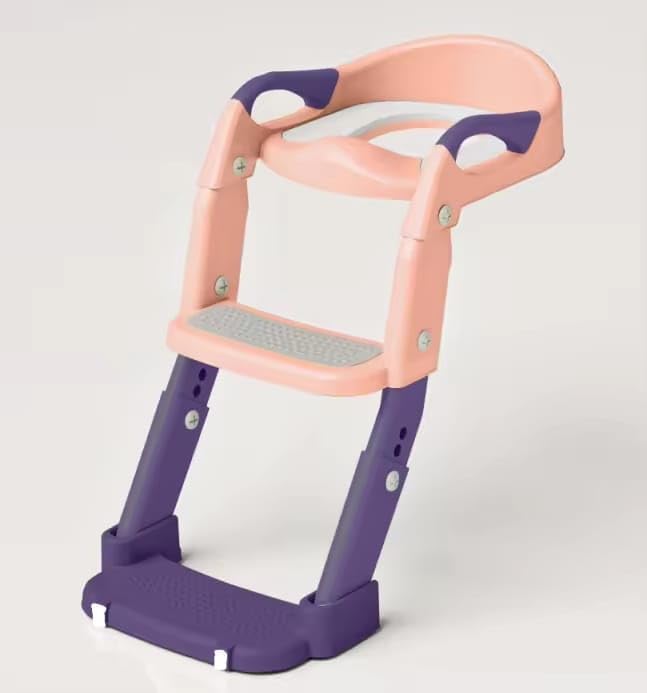 3-in-1 Toddler Potty Training Toilet Seat with Foldable Ladder – Adjustable Toddler Toilet Seat for Boys & Girls with Soft Cushion, Ergonomic Backrest, Non-Slip Pedal and Safety Grips (Pink & Purple)