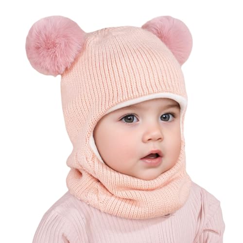 Girl Boy Winter Balaclava Baby Winter Knit Hat Scarf Set Toddler Bear Ear Beanie Hats with Neck Warmer for Girl Boy Solid (1-Pink, One Size)2