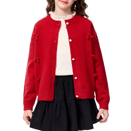 MIANZHI Girls Christmas Cardigan Long Sleeve Button Up Sweater Cute Bow Knitted Crop Outwear 5-14 Years Red