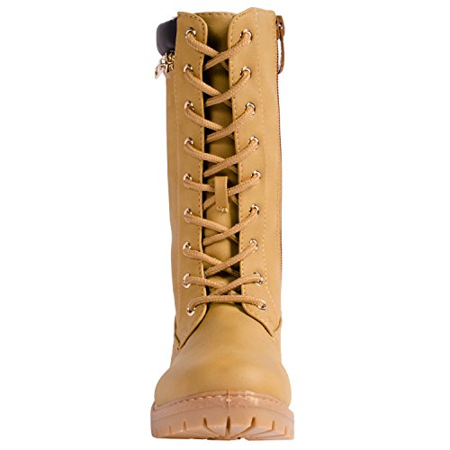 ANNA Dallas 17K Girls Lug Sole Lace Up Zip Ankle High Hiking Boots with Top Zipper - Camel, 102