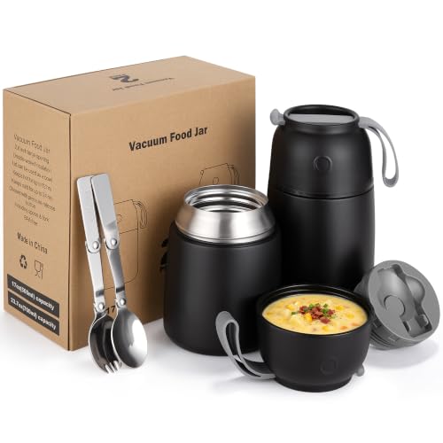 Image of Insulated Thermo Food Jar for Hot & Cold Food for Kids Adult, 17&24 oz Soup Thermal Hot Food Containers for Lunch, Triple Layer Insulation Stainless Steel Food Jar with Spoon (2 Pack Black)