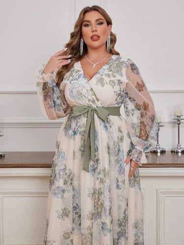 Image of Spring Summer 2024 Plus Size Womens Dresses V Neck Casual Elegant Long Sleeve Floral Print Maxi Dress