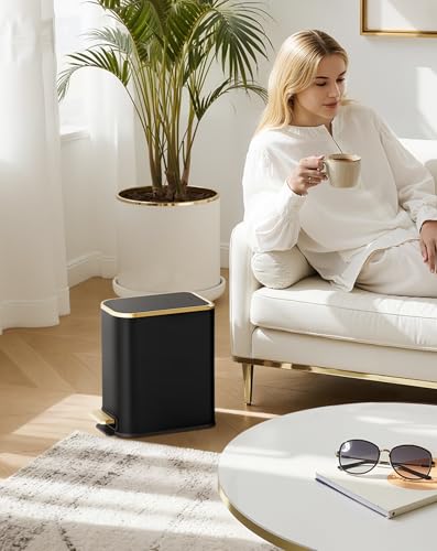 Image of Cesun Small Bathroom Trash Can with Gold Grimmed Lid & Pedal, 1.3Gal, Black