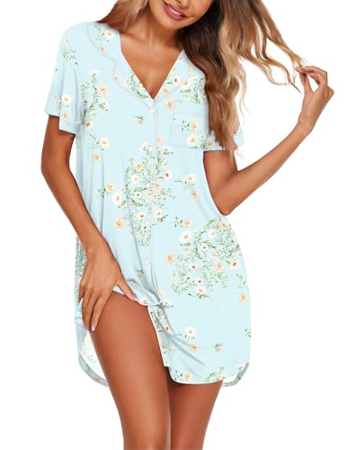 Image of Ekouaer Nightgowns for Women Button Down Sleepshirt Short Sleeve Nightshirt Boyfriend Pajamas V Neck Nightdress S-XXXL