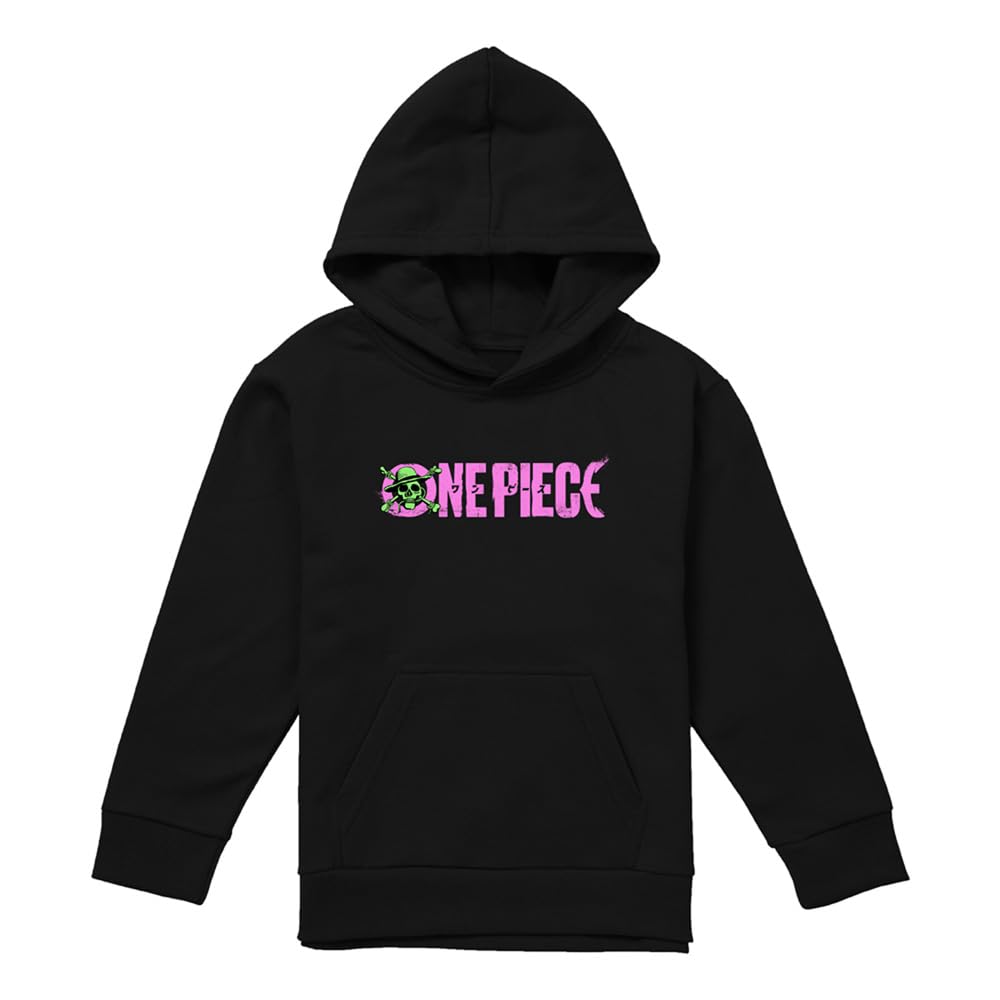 One Piece Luffy Jolly Roger Bright Logo Youth Kids Pull-Over Hoodie, Black, 7-8Y