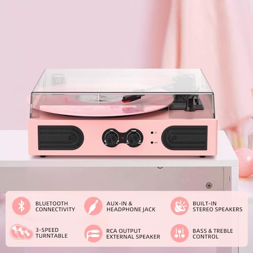 Image of Vinyl Record Player with Built-in Speakers, Vintage 3-Speed Turntable, Bass /Treble Control, Headphone Jack, RCA /AUX Outputs, Belt-Driven LP Player, Pink