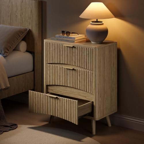 Image of Evermagin 29 inch Tall Fluted Nightstand Set of 2 with 3 Drawers | Oak Night Stand,Wooden Bedside Table, Mid Century Modern Side Table for Bedroom, livingroom
