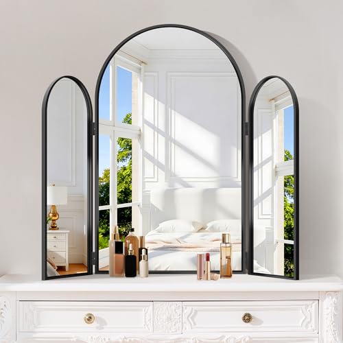 CRISMIR Trifold Vanity Mirror, 30x36Inch Arch Bathroom Vanity Mirrors with Black Metal Frame, Foldable Wall Mounted 3 Way Mirror Make-up for Bedroom Dressing Desk Table