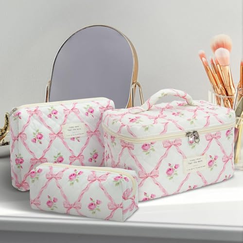 Image of Lyrovo Makeup Organizer Cosmetic Bag Quilted Large Floral Make Up Organize Set for Women Flower Travel Toiletry Bag (Pink-Bow)