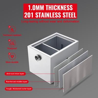 Happybuy Commercial Grease Trap - 8 LBS, Side Inlet, Under Sink, Stainless Steel, 2.8 GPM, for Restaurant, Canteen, Home Kitchen