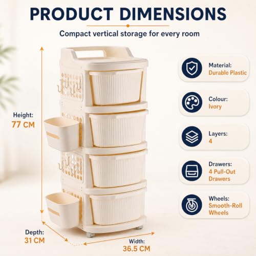Image of Homeor 4 Tier Plastic Storage Drawer Cabinet with Wheels, Modular Chest of Drawers Organizer with Side Basket & Handle, Storage Trolley Rack for Home, Kitchen, Bedroom, Kids Room (Ivory)