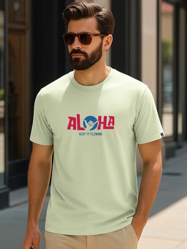 Image of Bewakoof Men's Typography Regular Fit Half Sleeve Round Neck Pure Cotton T-Shirt 1500903 Green 3XL